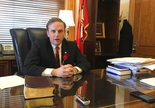 House Speaker Matthew Shepherd speaks to reporters at his office in the state Capitol in Little Rock, Ark., Monday, Jan. 14, 2019. Shepherd has been elected to serve another term as speaker of the Arkansas House. The Republican from El Dorado was elected Tuesday, March 15, 2022, by the House in a voice vote shortly after the Legislature adjourned the year's session. (AP Photo/Andrew Demillo, File)