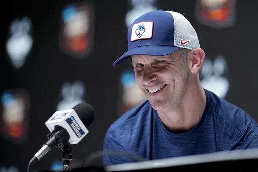 UConn head coach Dan Hurley speaks to the media during a news conference ahead of a Final Four college basketball game in the NCAA Tournament, Thursday, April 4, 2024, in Glendale, Ariz. UConn plays Alabama on Saturday. Hurley’s Huskies have added multiple transfers after winning a second straight NCAA title. (AP Photo/David J. Phillip, File)