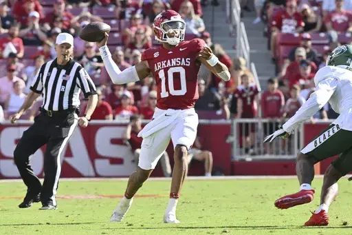 Arkansas quarterback Taylen Green (10) throws a pass against UAB during the first half of an NCAA college football game, Saturday, Sept. 14, 2024, in Fayetteville, Ark. (AP Photo/Michael Woods)