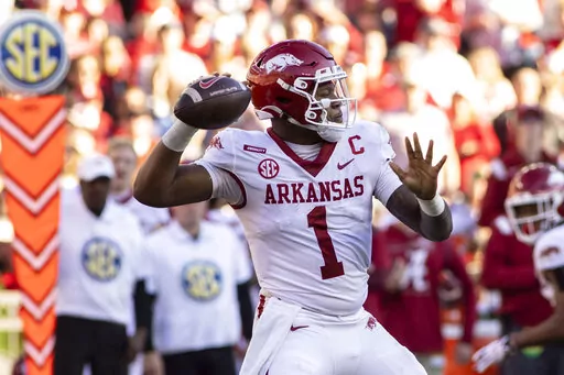 Arkansas quarterback KJ Jefferson looks to throw a pass against Alabama during the first half of an NCAA college football game Nov. 20, 2021, in Tuscaloosa, Ala. Arkansas feels confident in Jefferson. In his first year as the Razorbacks' starter, he guided the team to its best record in a decade. He passed for 2,676 yards and ran for 644, combining for 27 touchdowns. (AP Photo/Vasha Hunt, File)
