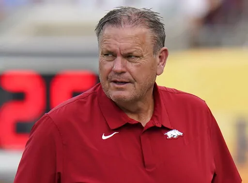 Arkansas head coach Sam Pittman looks on during the first half of the Outback Bowl NCAA college football game against Penn State, Jan. 1, 2022, in Tampa, Fla. Pittman has the Razorbacks playing in their second straight bowl game with the Liberty Bowl, Wednesday, Dec. 28, 2022. (AP Photo/Chris O'Meara, File)