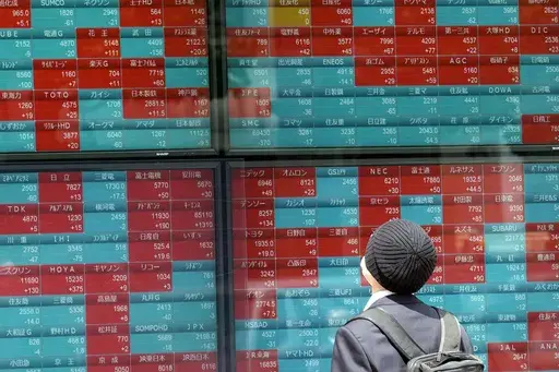 A person looks at an electronic stock board showing Japan's Nikkei 225 index at a securities firm Friday, May 12, 2023, in Tokyo. Asian shares were mostly lower Friday on looming worries over U.S. banks and lagging demand from China, the region's major driver of growth. (AP Photo/Eugene Hoshiko)
