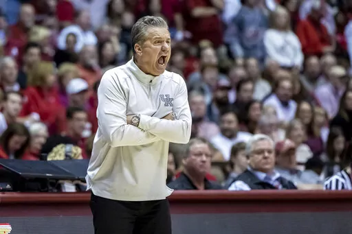 Kentucky head coach John Calipari reacts during the second half of an NCAA college basketball game against Alabama, Saturday, Jan. 7, 2023, in Tuscaloosa, Ala. (AP Photo/Vasha Hunt)