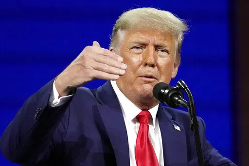 Former president Donald Trump speaks at the Conservative Political Action Conference (CPAC) Sunday, Feb. 28, 2021, in Orlando, Fla. A judge is hearing arguments Thursday, Feb. 17, 2022, in Trump's fight to avoid being questioned under oath in a New York investigation into his business practices. (AP Photo/John Raoux, File)