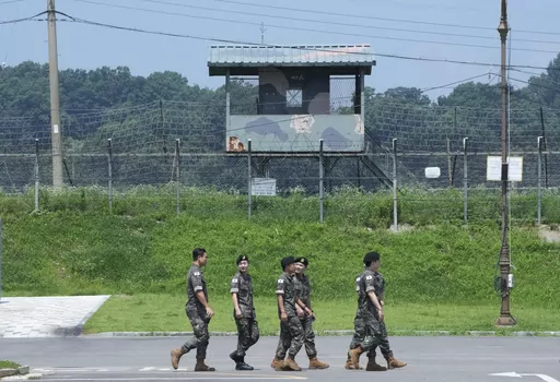 South Korean army soldiers pass by a military guard post at the Imjingak Pavilion in Paju, South Korea, near the border with North Korea, Wednesday, July 19, 2023. South Korea and the United States began large annual military exercises Monday, March 4, 2024, to bolster their readiness against North Korean nuclear threats after the North raised animosities with an extension of missile tests and belligerent rhetoric earlier this year.(AP Photo/Ahn Young-joon, File)