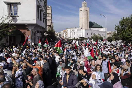 Thousands of Moroccans take part in a protest in solidarity with Palestinians in Gaza and against normalisation with Israel, in Casablanca, Morocco, Sunday, Oct. 29, 2023. Countries in the Middle East that have normalized or are considering normalizing relations with Israel are coming under growing public pressure to cut those ties because of Israel's war with Hamas. The protesters' demands present an uncomfortable dilemma for governments that have enjoyed the benefits of closer military and eco