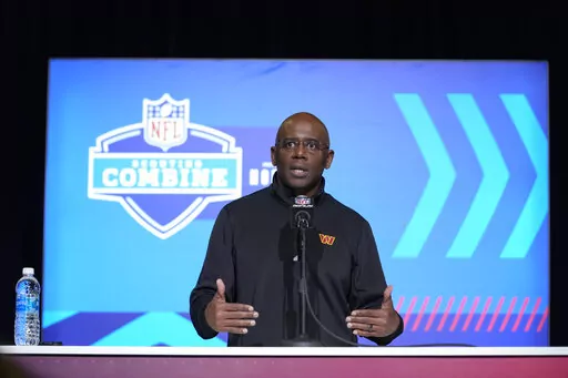 Washington Commanders generall manager Martin Mayhew speaks during a press conference at the NFL football scouting combine in Indianapolis, Wednesday, March 1, 2023. (AP Photo/Michael Conroy)