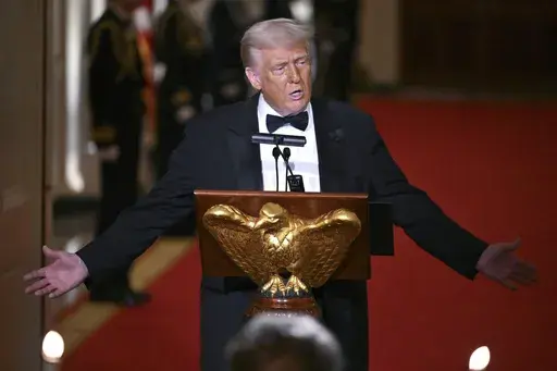 President Donald Trump addresses the National Governors Association dinner and reception in the East Room of the White House Saturday, Feb. 22, 2025, in Washington. (Pool via AP)