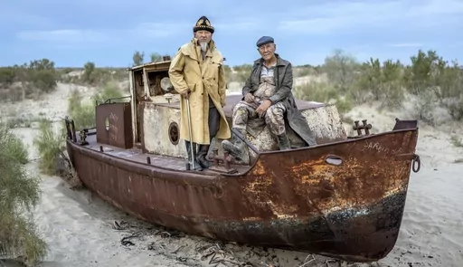 Ali Shadilov, left, and Anvar Saimbetov pose in front of an old boat in the area where the Aral Sea once was in Muynak, Uzbekistan, Tuesday, June 27, 2023. The Associated Press interviewed Shadilov and others in Muynak, Uzbekistan – all residents in their 60s and 70s who’ve long been tied to the sea, or what remains of it. (AP Photo/Ebrahim Noroozi)