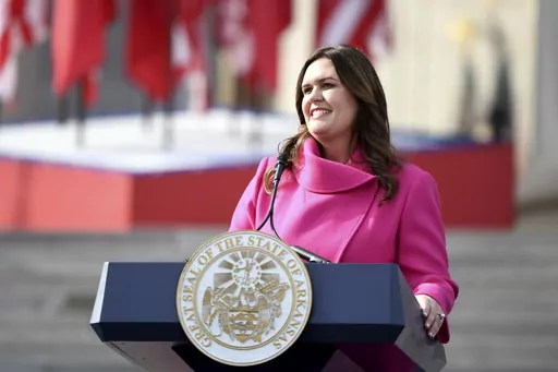 Arkansas Gov. Sarah Huckabee Sanders speaks after taking the oath of the office on the steps of the Arkansas Capitol, Jan. 10, 2023, in Little Rock, Ark. Sanders is heading to Europe on her first overseas trade mission since taking office this year. Sanders, a Republican, said she planned to meet with aerospace industry leaders at the Paris Air Show during the trip. She also planned to meet with American, British, French and German business executives to make the case for investing in Arkansas, 