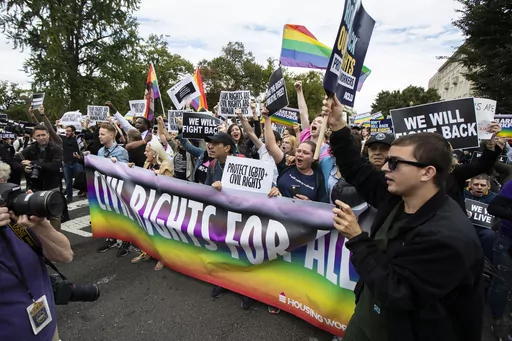 Supporters of LGBTQ rights stage a protest on the street in front of the U.S. Supreme Court on Oct. 8, 2019, in Washington. As several reliably red states adopt legislation that prohibits school employees from teaching or discussing sexual orientation and gender identity in the classroom, Louisiana advanced its own “Don’t Say Gay” bill Wednesday, April 26, 2023. (AP Photo/Manuel Balce Ceneta, File)