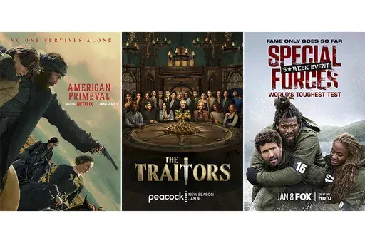 This combination of images shows promotional art for "American Primeval", from left, " The Traitors", and "Special Forces". (Netflix/Peacock/Fox via AP)
