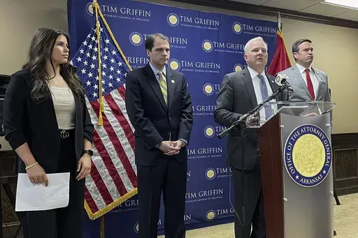 Arkansas Attorney General Tim Griffin talks about a lawsuit challenging a new regulation aimed at protecting the rights of transgender students in schools during a news conference in Little Rock, Ark., May 7, 2024. Courts have blocked the federal government from enforcing the rule in more than 20 states. (AP Photo/Andrew DeMillo, File)