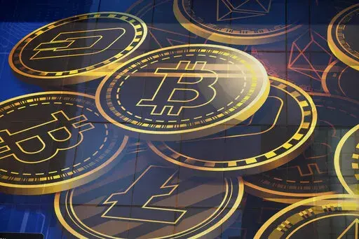 An advertisement of Bitcoin, one of the cryptocurrencies, is displayed on a building in Hong Kong, on Nov. 18, 2021. Bitcoin and other cryptocurrencies were collapsing in price Monday, June, 13, 2022 after the major crypto lender Celsius halted all withdrawals citing “extreme market conditions." It is the second collapse of a part of the crypto world in the last two months. (AP Photo/Kin Cheung, File)