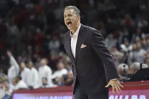 Arkansas coach John Calipari reacts to an official's call against Mississippi during the second half of an NCAA college basketball game, Wednesday, Jan. 8, 2025, in Fayetteville, Ark. (AP Photo/Michael Woods)