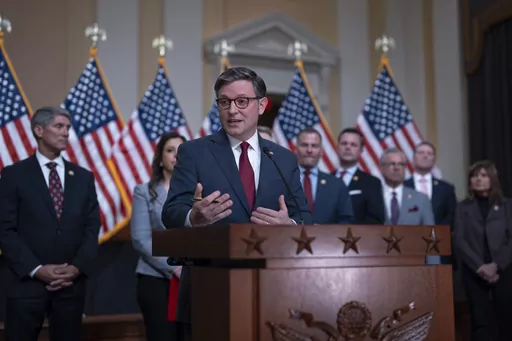 Speaker of the House Mike Johnson, R-La., joined by fellow Republicans, speaks during a news conference at the Capitol in Washington, Wednesday, March 6, 2024. The House is expected to vote to keep money flowing to scores of federal agencies before a midnight Friday shutdown deadline. A significant number of House Republicans oppose the measure, forcing Johnson to use an expedited process to bring the bill up for a vote. That process requires two-thirds of the House to vote for the measure for i