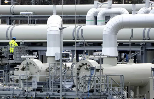 Pipes at the landfall facilities of the 'Nord Stream 2' gas pipline are pictured in Lubmin, northern Germany, on Feb. 15, 2022. Russia clashed with the United States and other Western nations Tuesday, Feb. 21, 2023 over the Kremlin’s call for a U.N. investigation of last September’s sabotage of the Nord Stream 1 and 2 gas pipelines from Russia to Western Europe. (AP Photo/Michael Sohn, File)
