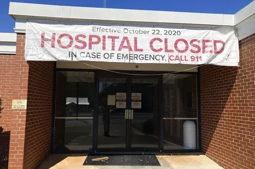 Southwest Georgia Regional Medical Center in Cuthbert, Ga., shown here on Friday, Oct. 7, 2022, closed two years ago. Local officials are trying to reopen the hospital even as health care has become a prominent issue in Georgia elections. (AP Photo/Jeff Amy)