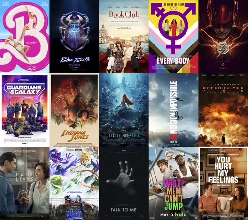 This combination of photos shows promotional art for films, top row from left, "Barbie," "Blue Beetle," "Book Club: The Next Chapter," "Every Body," "The Flash," second row from left, "Guardians of the Galaxy, Volume 3," "Indiana Jones and the Dial of Destiny," "The Little Mermaid," "Mission: Impossible - Dead Reckoning Part I," "Oppenheimer," bottom row from left, "Past Lives," "Ruby Gillman, Teenage Kraken," "Talk To Me," "White Men Can't Jump," and "You Hurt My Feelings." (Warner Bros., Warne