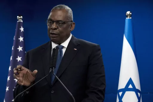 CORRECTS DATE U.S. Secretary of Defense Lloyd Austin makes a joint statement with Israel Minister of Defense Yoav Gallant, after their meeting about Israel's military operation in Gaza, in Tel Aviv, Israel, Monday, Dec. 18, 2023. (AP Photo/ Maya Alleruzzo)