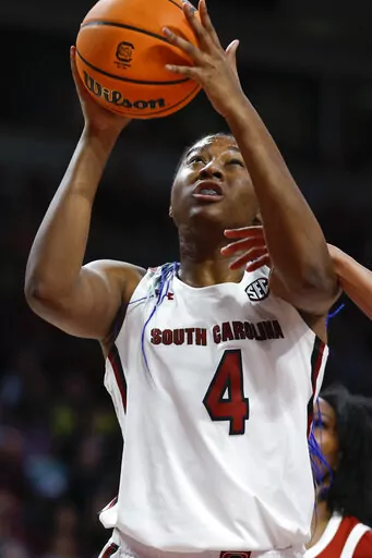 South Carolina forward Aliyah Boston shoots against Arkansas during the first half of an NCAA college basketball game in Columbia, S.C., Sunday, Jan. 22, 2023. (AP Photo/Nell Redmond)