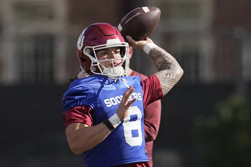 Oklahoma quarterback Dillon Gabriel throws during an NCAA college football spring practice, Tuesday, March 21, 2023, in Norman, Okla. Oklahoma opens their season at home against Arkansas State on Sept. 2. (AP Photo/Sue Ogrocki, File)