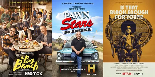 This combination of photos shows promotional art for the cooking competition series "The Big Brunch," left, the series “Pawn Stars Do America," center, and the film "Is That Black Enough for You?" (HBO Max/History/Netflix via AP)