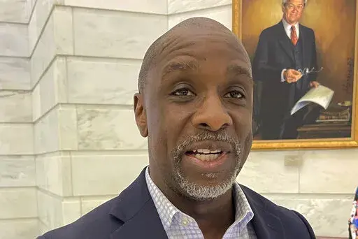 Eddie Armstrong, chairman of the Responsible Growth Arkansas campaign, speaks at the Arkansas state Capitol in Little Rock, Arkansas on Wednesday, Oct.  12, 2022. The campaign is backing a ballot measure to legalize recreational marijuana. Arkansas is one of five states with recreational marijuana proposals on the ballot in November. (AP Photo/Andrew DeMillo )