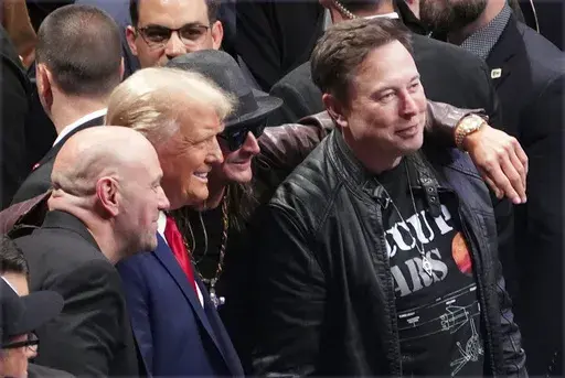 President-elect Donald Trump poses for a photo with Dana White, Kid Rock and Elon Musk at UFC 309 at Madison Square Garden, Nov. 16, 2024, in New York. (AP Photo/Evan Vucci, File)
