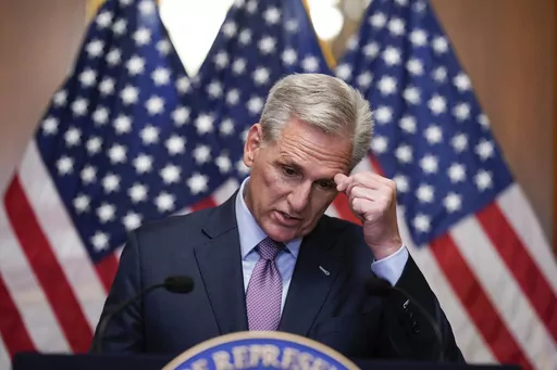 Rep. Kevin McCarthy, R-Calif., speaks to reporters hours after he was ousted as Speaker of the House, Tuesday, Oct. 3, 2023, at the Capitol in Washington. (AP Photo/J. Scott Applewhite)