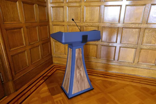 The $19,029.25 lectern purchased by the Gov. Sarah Huckabee Sanders administration in June 2023 sits in a corner in the Governor's Conference Room at the state Capitol, Sept. 26, 2023, in Little Rock, Ark. Arkansas lawmakers on Thursday, Oct. 12, voted to audit the purchase of a $19,000 lectern for Sanders, delving into an unusual scandal that's prompted questions about the seemingly high cost of the item and claims that the governor's office violated the state's open-records law. (Thomas Metthe