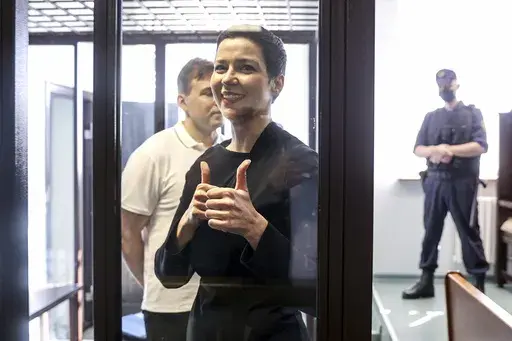 In this picture taken on Aug. 4, 2021, Belarus' opposition activists Maria Kolesnikova attends a court hearing in Minsk, Belarus. (Ramil Nasibulin/BelTA pool photo via AP, File)