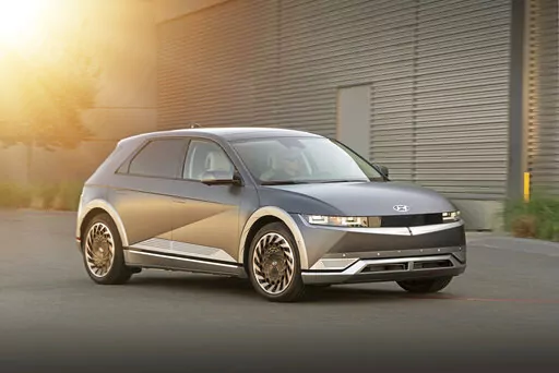 This photo provided by Hyundai shows the 2022 Hyundai Ioniq 5, a small electric SUV with retro-inspired looks and up to 303 miles of EPA-estimated range. (David Dewhurst/Courtesy of Hyundai Motor America via AP)