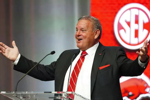 Arkansas head coach Sam Pittman speaks during NCAA college football Southeastern Conference Media Days, Wednesday, July 20, 2022, in Atlanta. (AP Photo/John Bazemore)