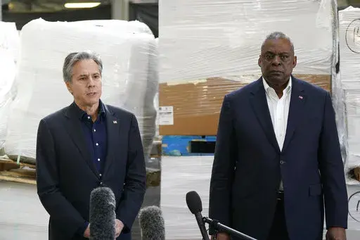 Secretary of Defense Lloyd Austin and Secretary of State Antony Blinken, speak with reporters Monday, April 25, 2022, in Poland, near the Ukraine border, after returning from their trip to Kyiv, Ukraine, and meeting with Ukrainian President Volodymyr Zelenskyy. (AP Photo/Alex Brandon, Pool)