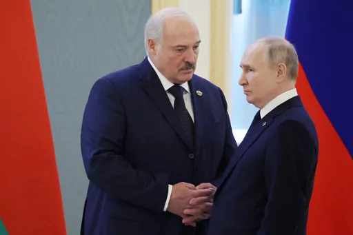 Belarusian President Alexander Lukashenko, left, and Russian President Vladimir Putin talk prior to the Supreme State Council of the Union State Russia-Belarus meeting in Moscow, Russia, April 6, 2023. Sometime this summer, if President Vladimir Putin can be believed, Russia moved some of its short-range nuclear weapons into Belarus, closer to Ukraine and onto the doorstep of NATO’s members in Central and Eastern Europe. (Mikhail Klimentyev, Sputnik, Kremlin Pool Photo via AP, File)