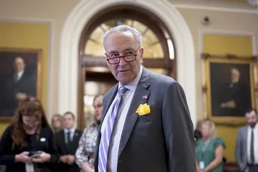 Senate Majority Leader Chuck Schumer, D-N.Y., pauses before talking with reporters after a meeting with fellow Democrats, at the Capitol in Washington, Tuesday, June 4, 2024. Senate Democrats are holding a vote to move forward with legislation designed to protect women’s access to contraception. The test vote on Wednesday comes as the Senate has abandoned hopes for doing serious bipartisan legislation before the election and as Senate Majority Leader Chuck Schumer and Democrats are trying to i