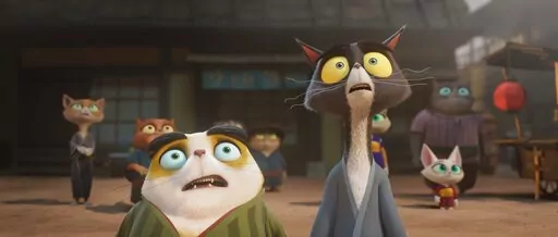 This image released by Paramount Pictures shows characters Chuck, voiced by Gabriel Iglesias, left, and Ichiro, voiced by Aasif Mandvi in a scene from "Paws of Fury: The Legend of Hank." (Paramount Pictures via AP)
