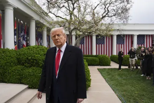 President Donald Trump departs after signing an executive order at an event to announce new tariffs in the Rose Garden of the White House, Wednesday, April 2, 2025, in Washington. (AP Photo/Evan Vucci)