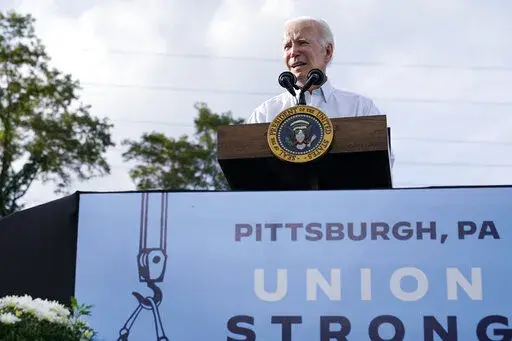 President Joe Biden speaks at a United Steelworkers of America Local Union 2227 event in West Mifflin, Pa., Monday, Sept. 5, 2022, to honor workers on Labor Day. (AP Photo/Susan Walsh)