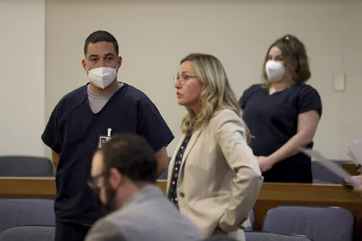 Evan Frostick, left, and Madison Bernard, right, both charged with murder and child cruelty in the death of their daughter, Charlotte Frostick, appear before a judge on Sept. 1, 2022, at the Sonoma County Superior Court in Santa Rosa, Calif. They are part of a growing number of parents across the U.S. prosecutors have charged in the fentanyl overdose deaths of their children since the pandemic started. Prosecutors have been ramping up enforcement efforts in these cases as children increasingly b