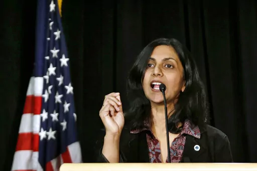 New Seattle City Councilmember Kshama Sawant speaks during an inauguration ceremony for city officials Monday, Jan. 6, 2014, in Seattle. One of Sawant’s earliest memories of the caste system was hearing her grandfather – a man she “otherwise loved very much” – utter a slur to summon their lower-caste maid. Now an elected official in a city thousands of miles from India, she has proposed an ordinance to add caste to Seattle’s anti-discrimination laws. (AP Photo/Elaine Thompson, File)