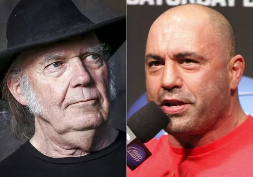 This combination photo shows Neil Young in Calabasas, Calif., on May 18, 2016, left, and UFC announcer and podcaster Joe Rogan before a UFC on FOX 5 event in Seattle, Dec. 7, 2012. Spotify said Sunday, Jan. 30, 2022, that it will add content advisories before podcasts discussing the coronavirus. The move follows protests of the music streaming service that were kicked off by Young over the spread of COVID-19 vaccine misinformation. On Wednesday, Young had his music removed from Spotify after the
