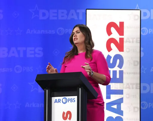 Republican gubernatorial candidate Sarah Huckabee Sanders answers a question during the Arkansas PBS gubernatorial debate on Friday, Oct. 21, 2022, in Conway, Ark.. (Tommy Metthe/The Arkansas Democrat-Gazette via AP)