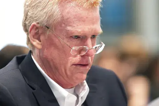 Alex Murdaugh cries while listening to an interview he did with SLED special agent David Owen during his trial for murder at the Colleton County Courthouse in Walterboro, S.C., on Wednesday, Feb. 15, 2023. The 54-year-old attorney is standing trial on two counts of murder in the shootings of his wife and son at their Colleton County, S.C., home and hunting lodge on June 7, 2021. (Joshua Boucher/The State via AP, Pool)