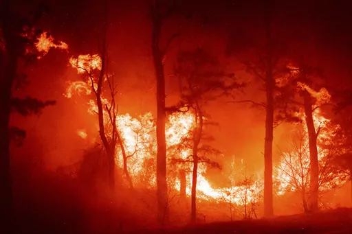 In this photo provided by the New Jersey Department of Environmental Protection, a massive 2,500-acre forest fire burns in Ocean County, N.J., early Wednesday, April 12, 2023, as firefighters battle the blaze. The fire started late Tuesday, April 11, and is burning across some 2,500 acres (about 1,000 hectares). (New Jersey Department of Environmental Protection via AP)