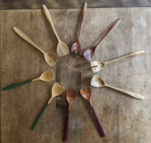 This undated photo provided by Kaylyn Messer shows a variety of wood utensils hand carved by Messer. She started carving before the COVID-19 pandemic, but didn’t partake in the hobby regularly until lockdown. She found it was a good way to connect with people who have a shared interest. (Kaylyn Messer via AP)