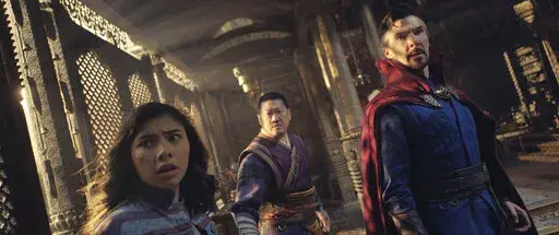 This image released by Marvel Studios shows, from left, Xochitl Gomez as America Chavez, Benedict Wong as Wong, and Benedict Cumberbatch as Dr. Stephen Strange in a scene from "Doctor Strange in the Multiverse of Madness." (Marvel Studios via AP)