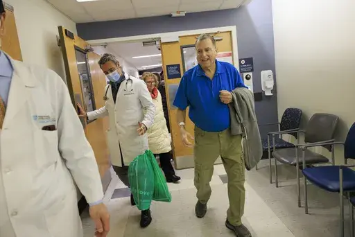 Tim Andrews smiles as he leaves Massachusetts General Hospital in Boston on Feb. 1, 2025. (Kate Flock/Massachusetts General Hospital via AP)