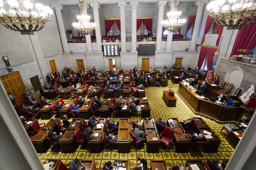 The Tennessee House of Representatives meets Wednesday, Oct. 27, 2021, in Nashville, Tenn.  A lawsuit backed by the Tennessee Democratic Party seeks to block new redistricting maps for the state House and Senate, arguing Republican lawmakers who drew the maps violated the state Constitution to keep a firm grip on their partisan advantages. (AP Photo/Mark Humphrey, File)